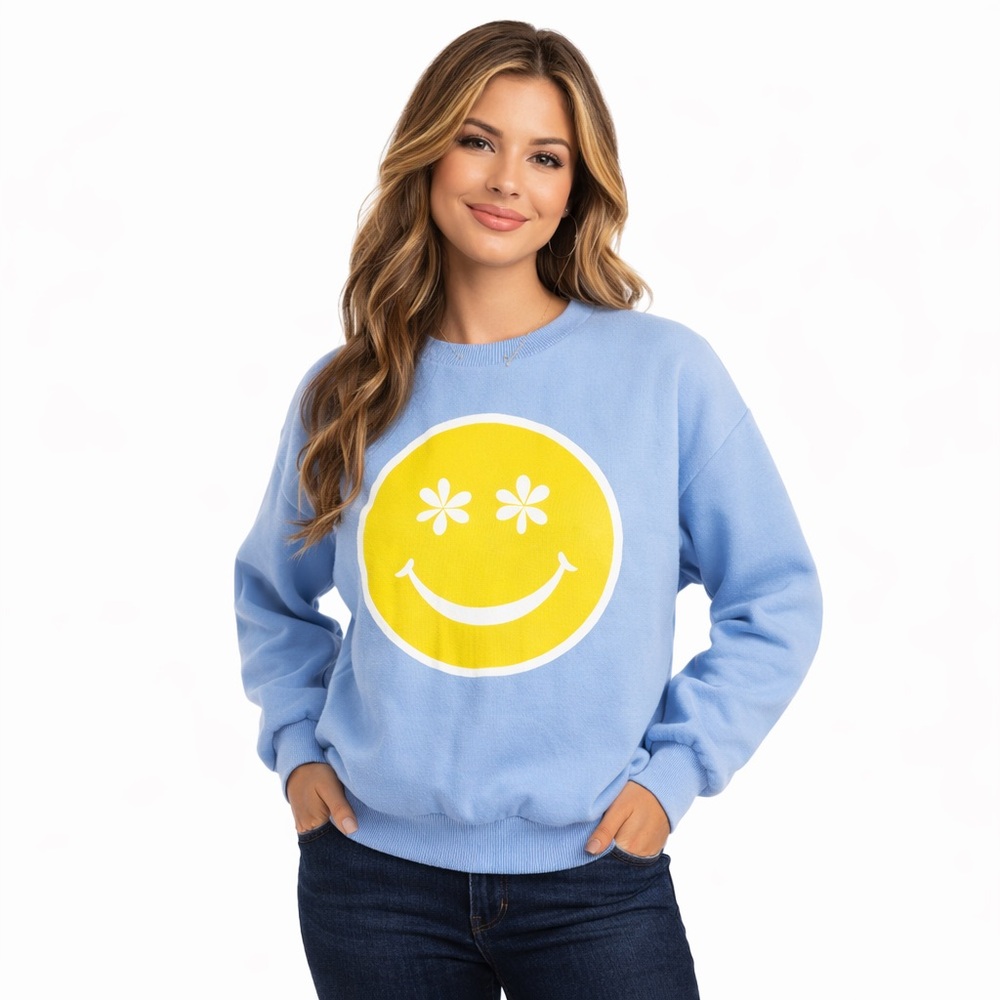 028 NWT Katydid 23”ptp Blue Sweatshirt with Yellow Smiley Face